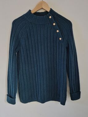 Talbots Teal Ribbed Cowl-Neck Sweater with Shoulder Buttons
